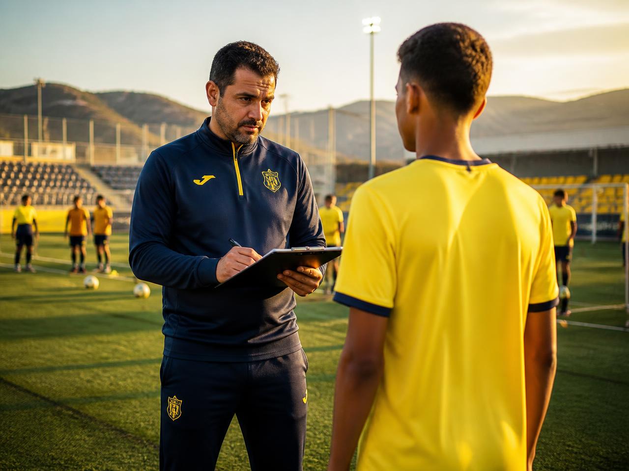 Academy coach analysing performance with a young player